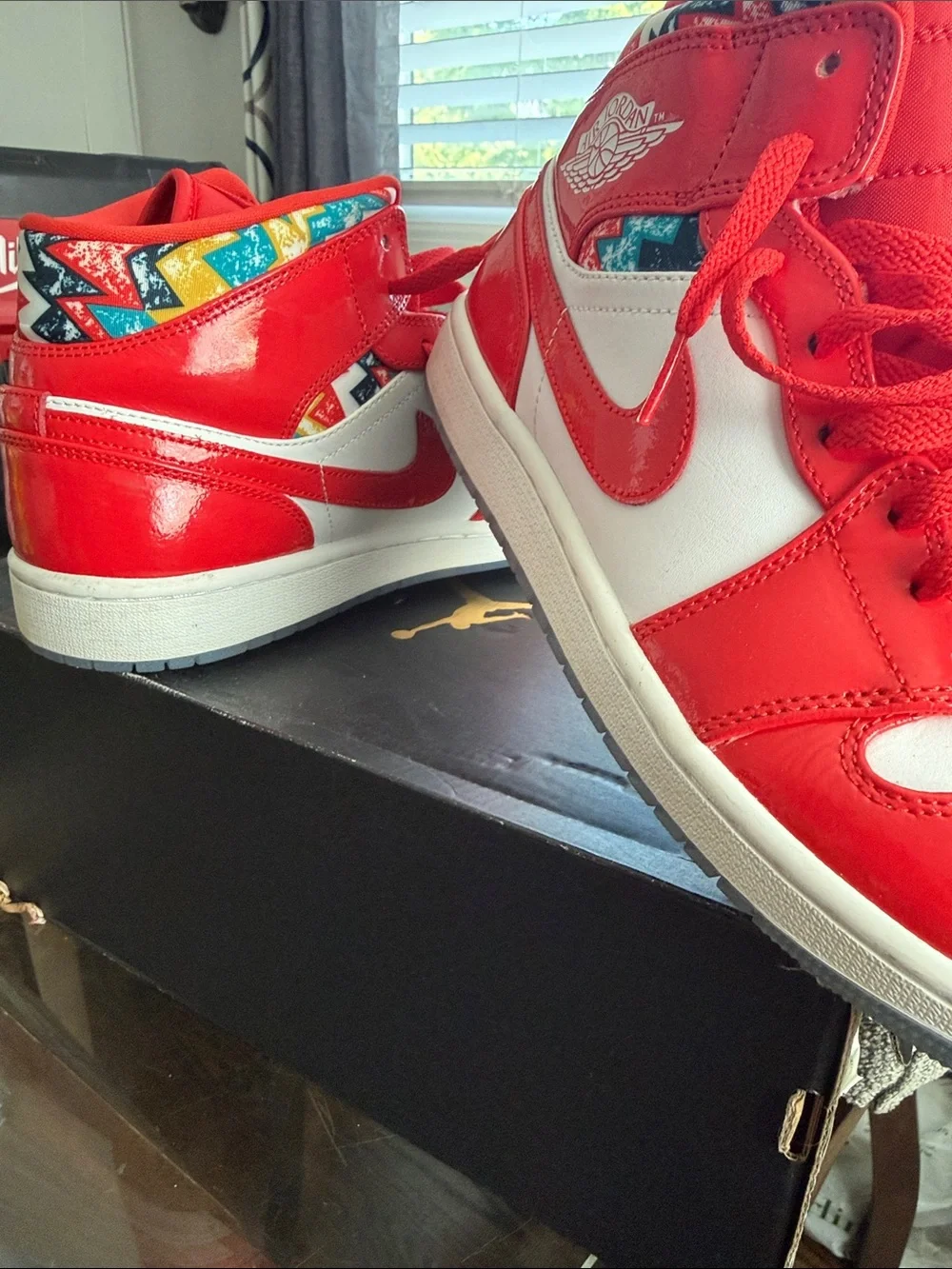 Jordan Red White High-Top Sneakers with Patterned Collar